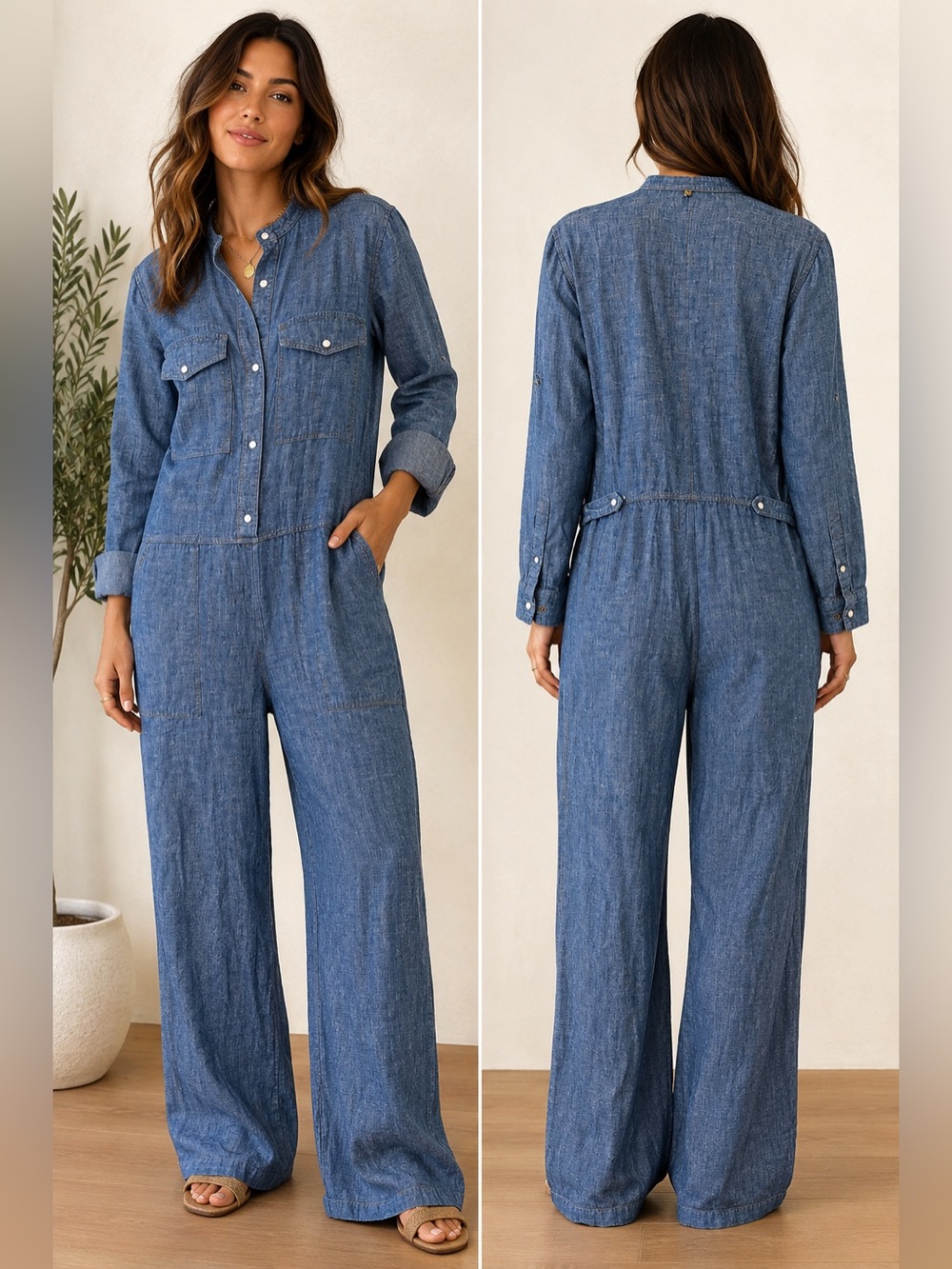 Billy Reid Womens Small Blue Cotton Chambray‎ Utility Jumpsuit